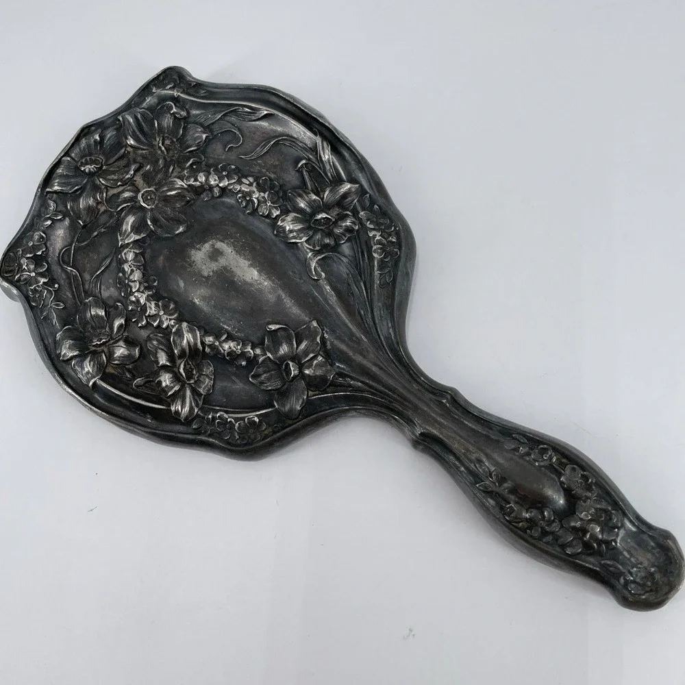 Antique Art Nouveau Hand Mirror Homan Manufacturing Quadruple Plating Floral.